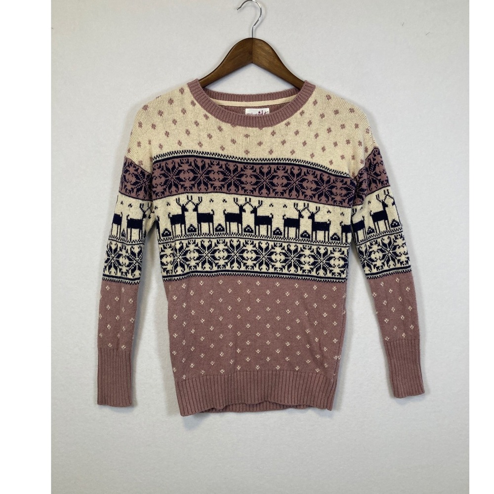 Shrinking Violet Fair Isle Reindeer Sweater‎ Womens XS Pink Cream Snowflake Knit